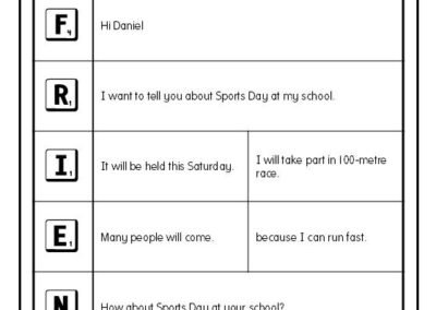 Completed FRIEND brainstorming table example for Sports Day email