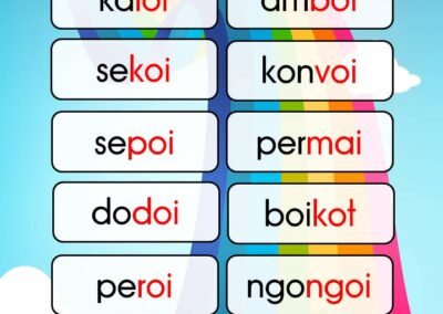 Perkataan diftong oi seperti kaloi, amboi, sekoi, konvoi, sepoi, permai, dodoi, boikot, peroi dan ngongoi.