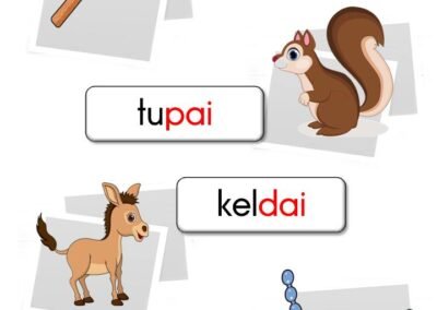 Perkataan bergambar diftong seperti pisau, tupai, keldai dan rantai.