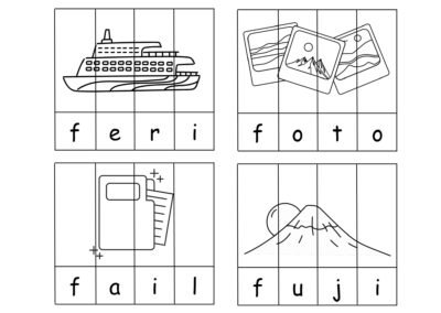 Puzzle Perkataan A–H helaian 6 feri, foto, fail dan fuji.