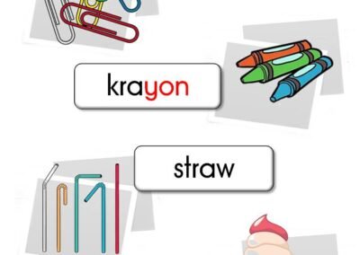 Perkataan konsonan bergabung klip, krayon, straw dan aiskrim.