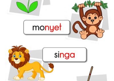 Aktiviti bergambar bacaan digraf ng, ny - bunga, monyet, singa dan penyapu.