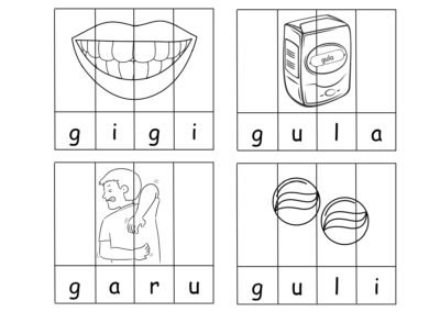 Puzzle Perkataan A–H helaian 7 gigi, gula, garu dan guli.