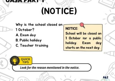 Sample question based on school notice explaining why the school is closed