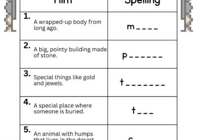 English worksheet – spell from clues with mummy, pyramid and tomb words
