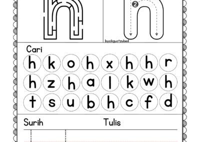 Worksheet Didik Hibur – latihan huruf kecil H untuk murid awal sekolah