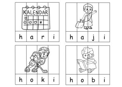 Puzzle Perkataan A–H helaian 8 hari, haji, hoki dan hobi.