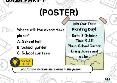 Sample question based on tree-planting poster asking about the location of the event