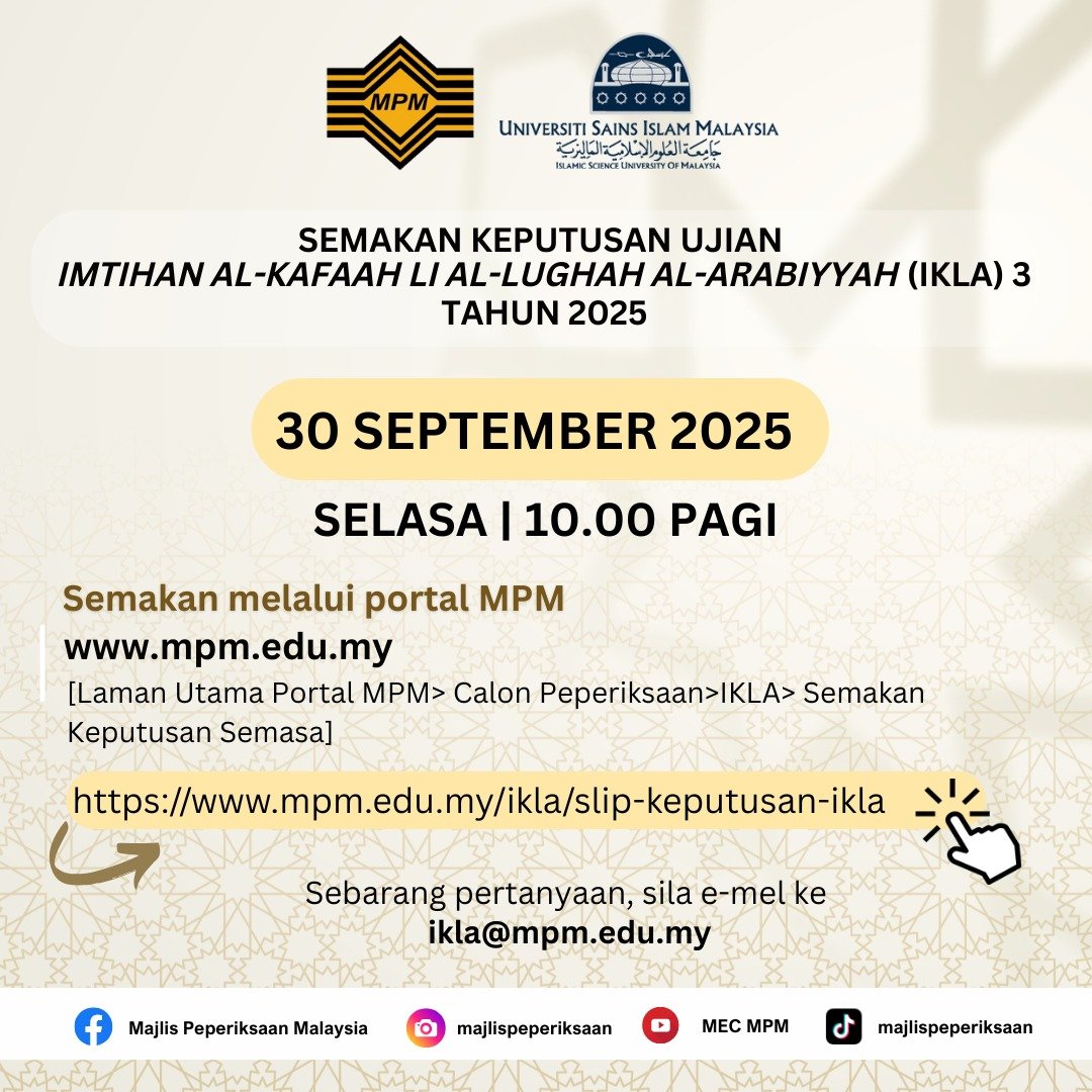 Poster rasmi semakan keputusan Ujian IKLA 3 Tahun 2025 oleh Majlis Peperiksaan Malaysia