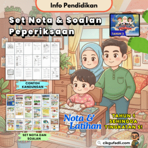 Ilustrasi keluarga Asia sokong anak belajar dengan Set Nota & Soalan Excella
