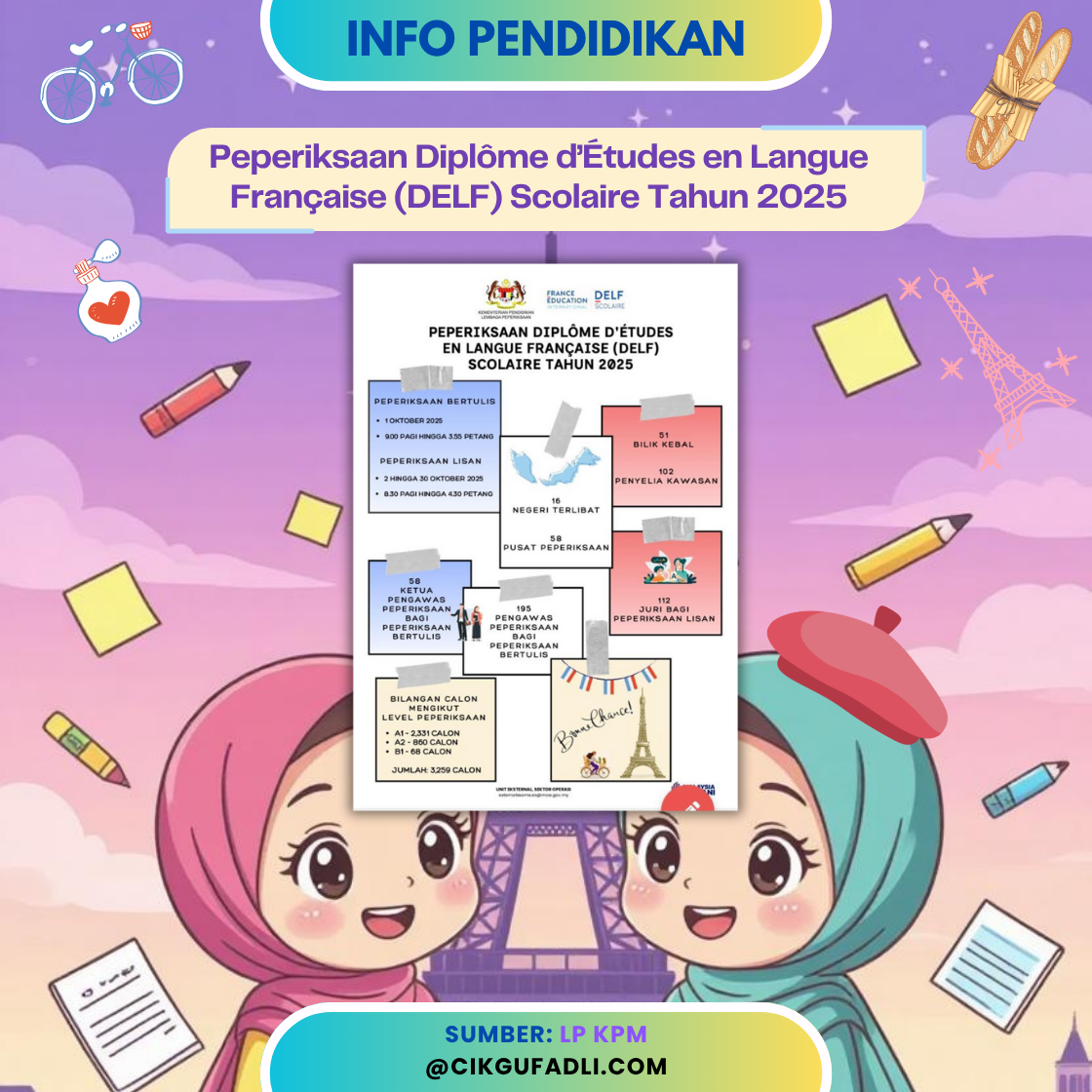 Poster rasmi makluman Peperiksaan DELF Scolaire 2025 oleh Lembaga Peperiksaan KPM