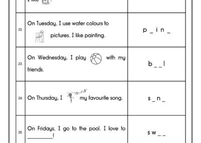Year 2 English spelling practice sheet for My Week and Free Time topic, featuring hobbies and daily activities vocabulary like read, paint, swim, ball