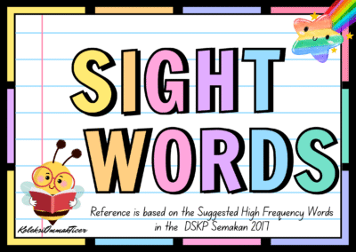 Educational title page for sight words material. Includes the title "SIGHT WORDS" and references to DSKP Semakan 2017.