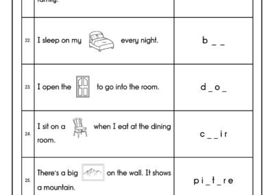 Year 2 English spelling practice sheet for The Old House topic, featuring furniture and home items vocabulary like sofa, bed, door, picture.