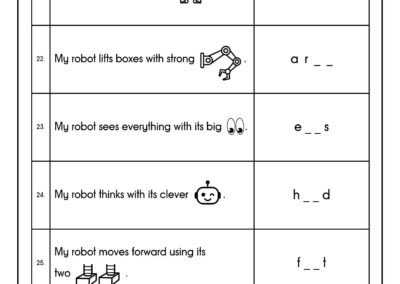 Year 2 English spelling practice sheet for The Robot topic, featuring body parts vocabulary in a robot context like legs, arm, eyes, head, feet.