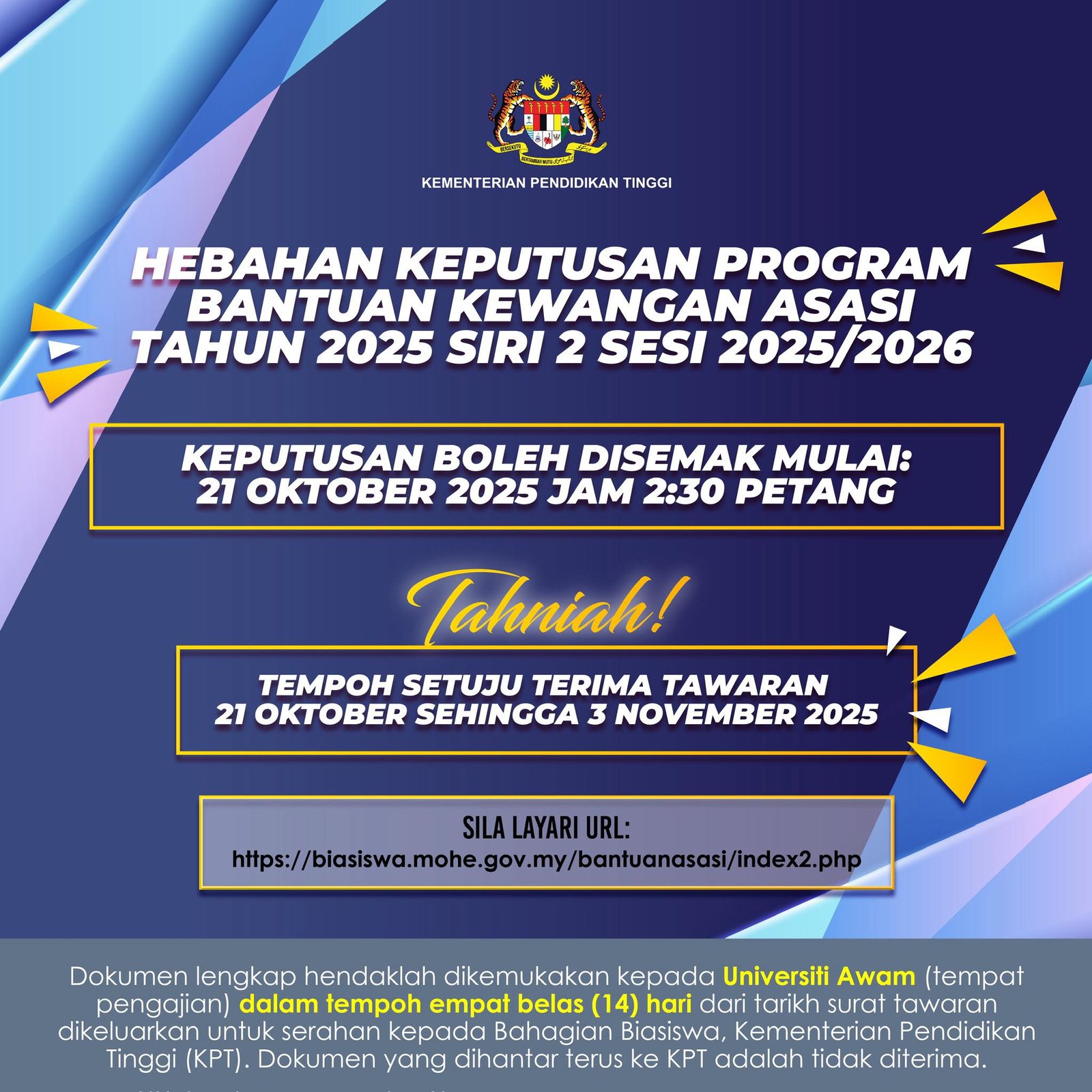 Hebahan keputusan bantuan kewangan asasi KPT 2025 Hebahan keputusan bantuan kewangan asasi KPT 2025