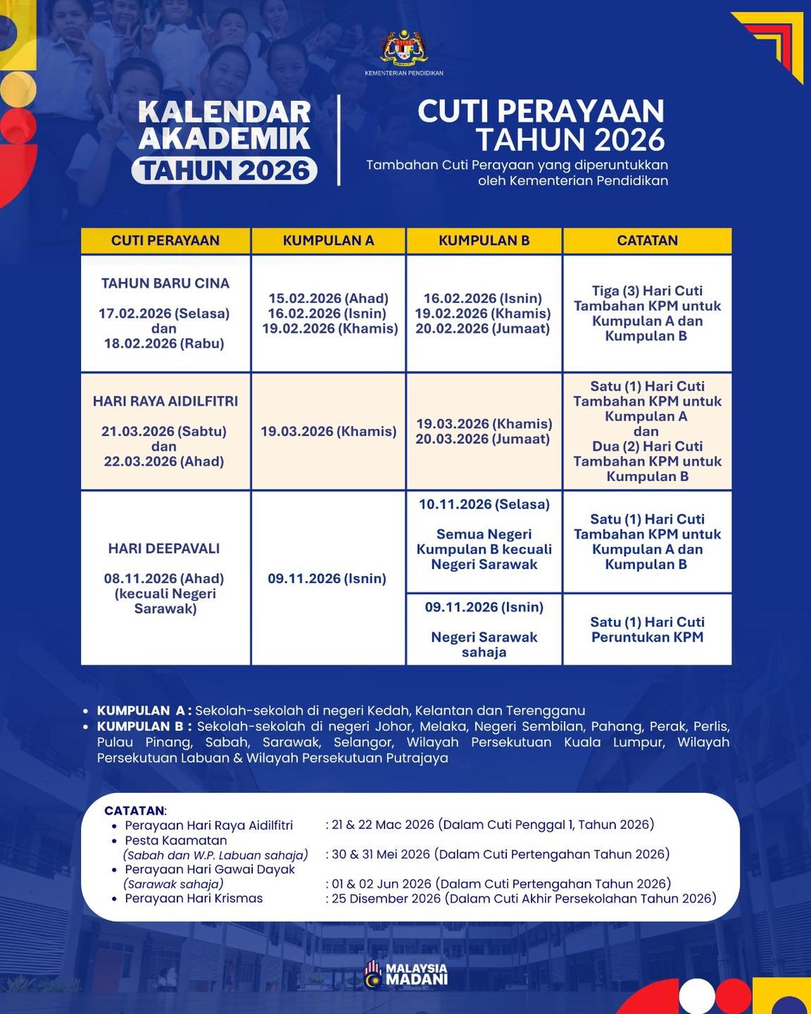 jadual cuti perayaan tambahan sekolah tahun 2026 oleh KPM jadual cuti perayaan tambahan sekolah tahun 2026 oleh KPM