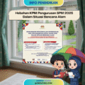 Ilustrasi chibi sekolah Malaysia dengan suasana hujan melambangkan pengurusan SPM 2025 semasa bencana alam