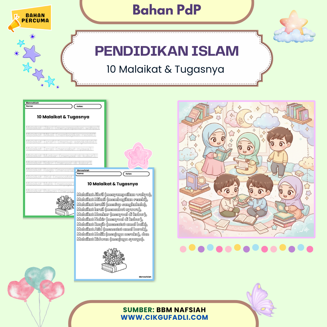 Poster edukatif 10 Malaikat & Tugasnya untuk anak-anak belajar Rukun Iman dengan ilustrasi chibi dan warna pastel mesra kanak-kanak Poster edukatif 10 Malaikat & Tugasnya untuk anak-anak belajar Rukun Iman dengan ilustrasi chibi dan warna pastel mesra kanak-kanak