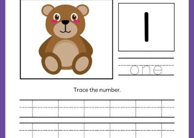 Tracing worksheet for number 1 in the Kindergarten Numbers Workbook, featuring one teddy bear and the word 'one'.