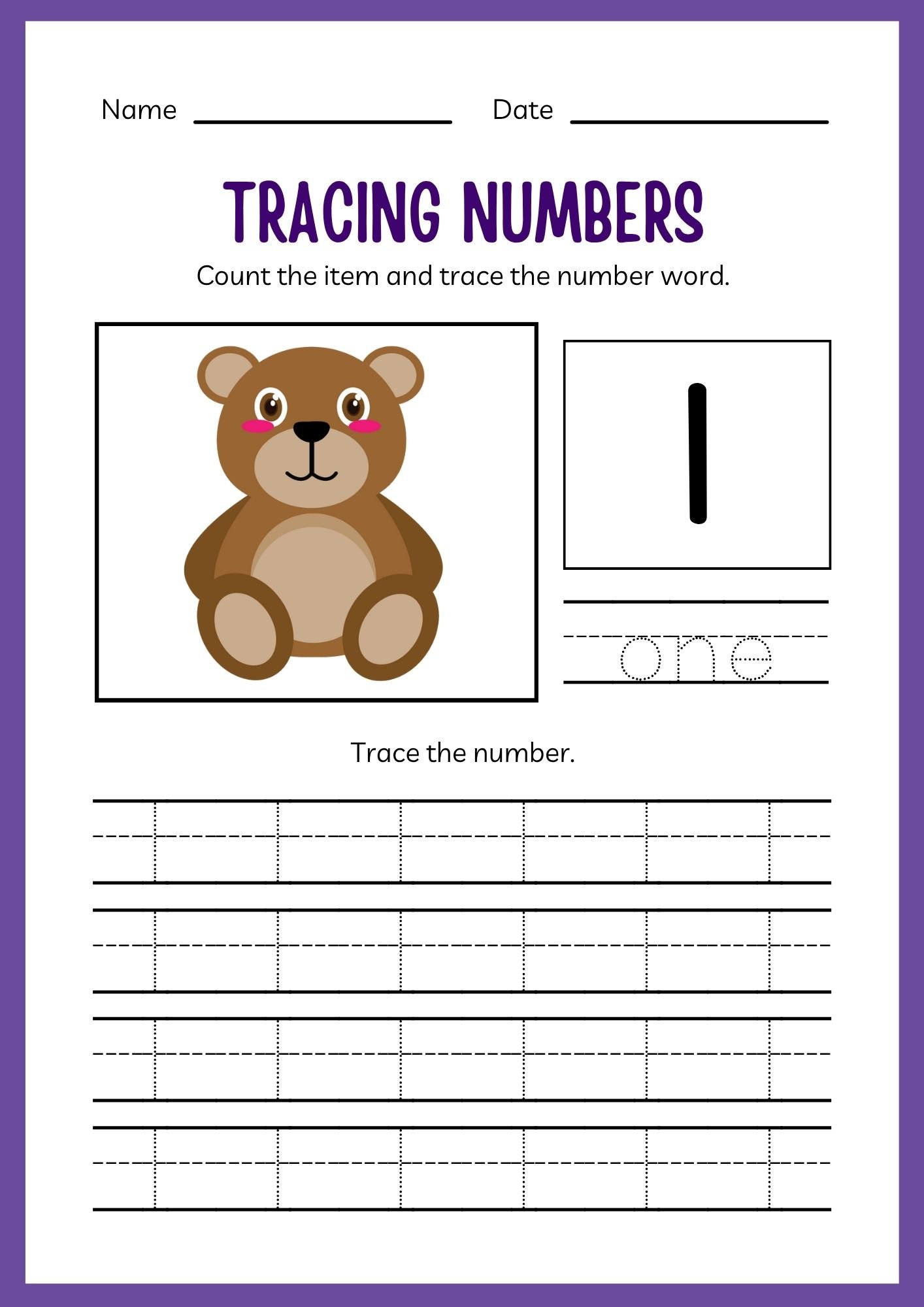 Tracing 1: The Lonesome Teddy Tracing worksheet for number 1 in the Kindergarten Numbers Workbook, featuring one teddy bear and the word 'one'.