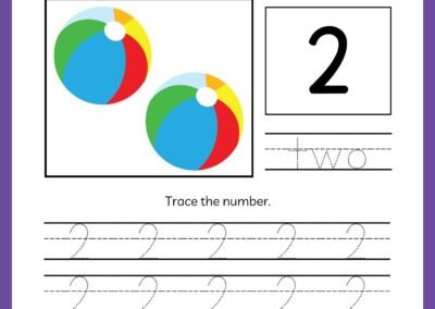 Tracing worksheet for number 2 in the Kindergarten Numbers Workbook, featuring two beach balls and the word 'two'.