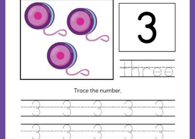 Tracing worksheet for number 3 in the Kindergarten Numbers Workbook, featuring three yoyos and the word 'three'.