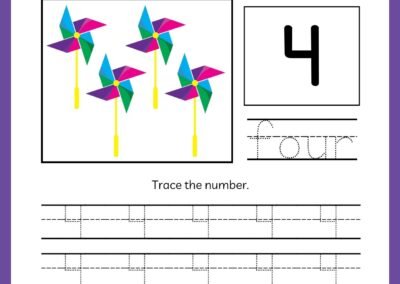 Tracing worksheet for number 4 in the Kindergarten Numbers Workbook, featuring four pinwheels and the word 'four'.