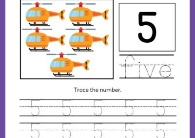 Tracing worksheet for number 5 in the Kindergarten Numbers Workbook, featuring five helicopters and the word 'five'.