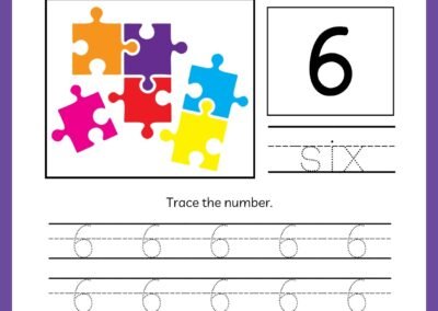 Tracing worksheet for number 6 in the Kindergarten Numbers Workbook, featuring six puzzle pieces and the word 'six'.