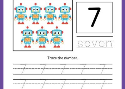 Tracing worksheet for number 7 in the Kindergarten Numbers Workbook, featuring seven robots and the word 'seven'.