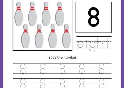 Tracing worksheet for number 8 in the Kindergarten Numbers Workbook, featuring eight bowling pins and the word 'eight'.