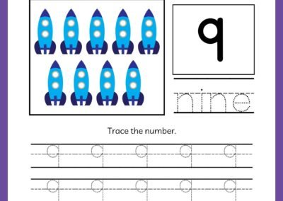Tracing worksheet for number 9 in the Kindergarten Numbers Workbook, featuring nine rockets and the word 'nine'.