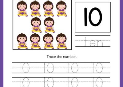 Tracing worksheet for number 10 in the Kindergarten Numbers Workbook, featuring ten dolls and the word 'ten'.