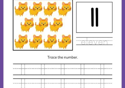 Tracing worksheet for number 11 in the Kindergarten Numbers Workbook, featuring eleven cats and the word 'eleven'.