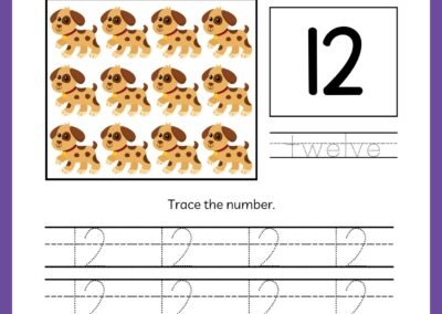 Tracing worksheet for number 12 in the Kindergarten Numbers Workbook, featuring twelve dogs and the word 'twelve'.