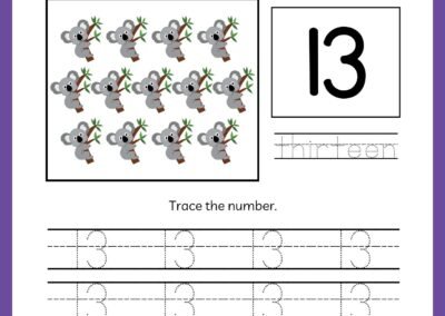 Tracing worksheet for number 13 in the Kindergarten Numbers Workbook, featuring thirteen koalas and the word 'thirteen'.
