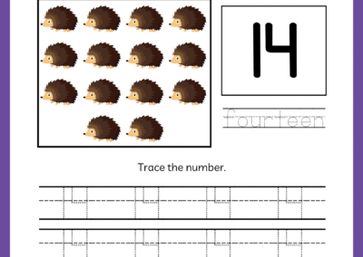 Tracing worksheet for number 14 in the Kindergarten Numbers Workbook, featuring fourteen objects and the word 'fourteen'.