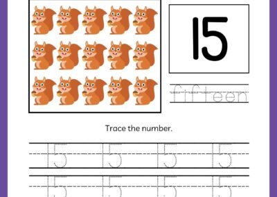Tracing worksheet for number 15 in the Kindergarten Numbers Workbook, featuring fifteen squirrels and the word 'fifteen'.