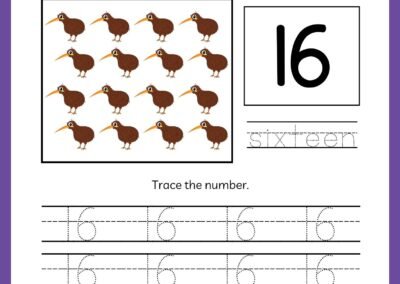 Tracing worksheet for number 16 in the Kindergarten Numbers Workbook, featuring sixteen kiwi birds and the word 'sixteen'.