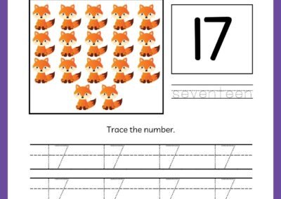 Tracing worksheet for number 17 in the Kindergarten Numbers Workbook, featuring seventeen foxes and the word 'seventeen'.