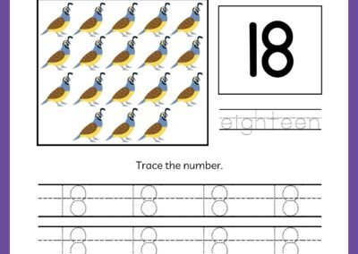 Tracing worksheet for number 18 in the Kindergarten Numbers Workbook, featuring eighteen quail birds and the word 'eighteen'.
