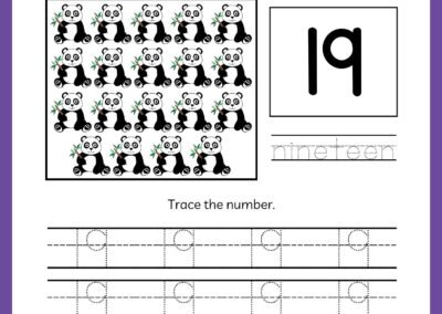 Tracing worksheet for number 19 in the Kindergarten Numbers Workbook, featuring nineteen pandas and the word 'nineteen'.