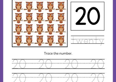 Tracing worksheet for number 20 in the Kindergarten Numbers Workbook, featuring twenty owls and the word 'twenty'.