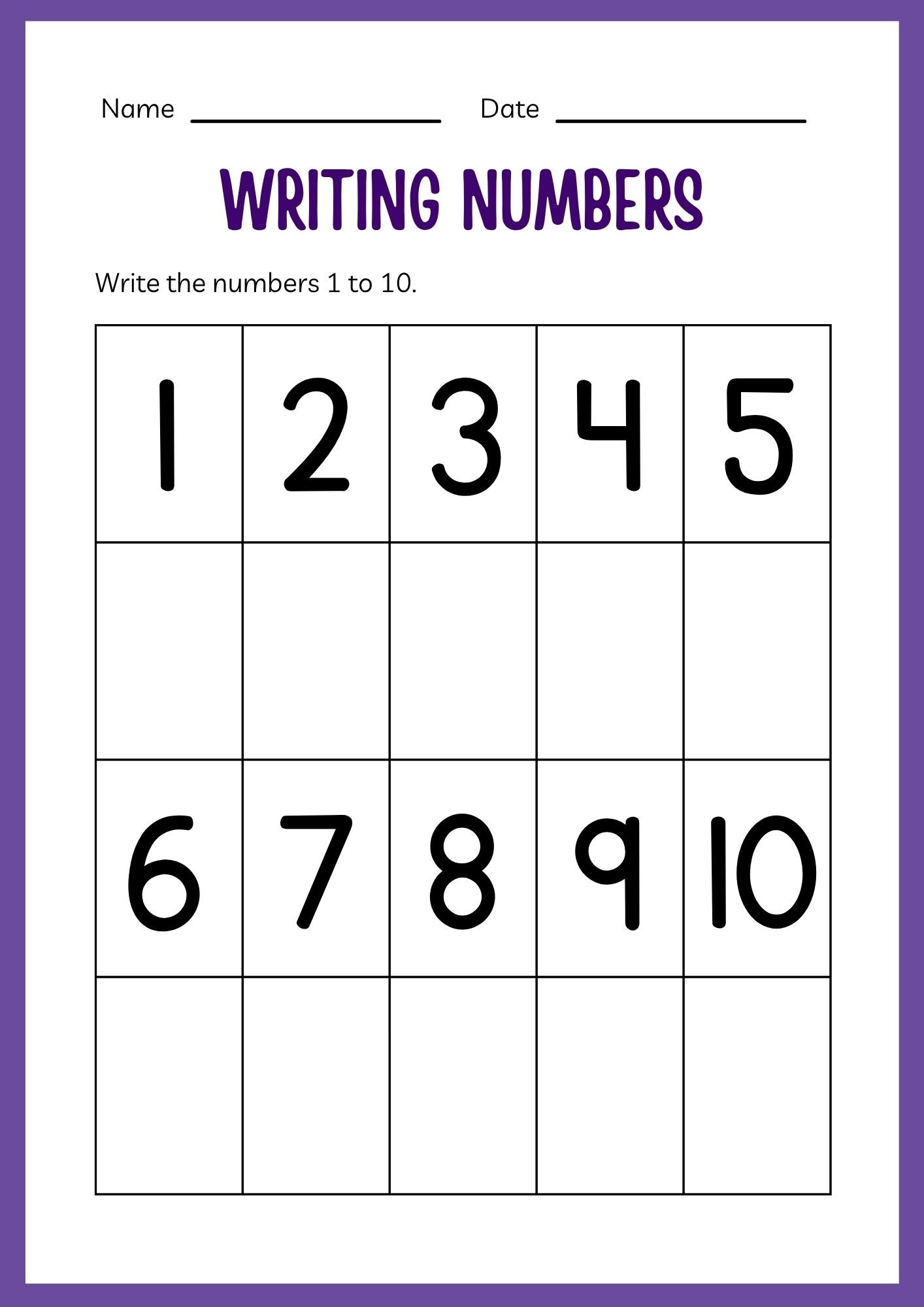 Writing Numerals 1-10 Independent writing sheet for numbers 1–10 in the Kindergarten Numbers Workbook.