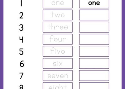 Writing number words 1–10 with light tracing in the Kindergarten Numbers Workbook.