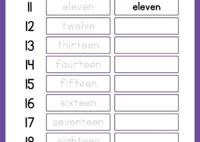 Writing number words 11–20 with light tracing in the Kindergarten Numbers Workbook.