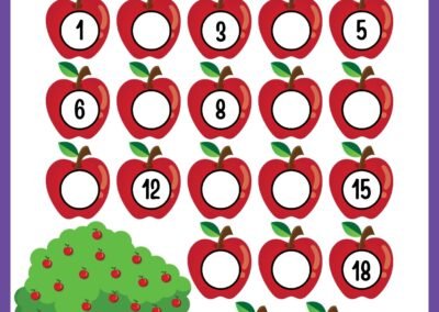 Missing numbers 1–20 (apples theme) in the Kindergarten Numbers Workbook.