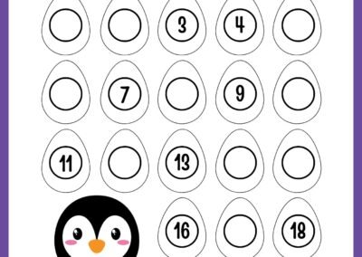 Missing numbers 1–20 (penguins theme) in the Kindergarten Numbers Workbook.