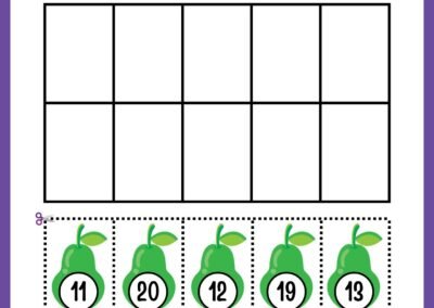 Ordering numbers 11–20 cut & glue (pears) in the Kindergarten Numbers Workbook.